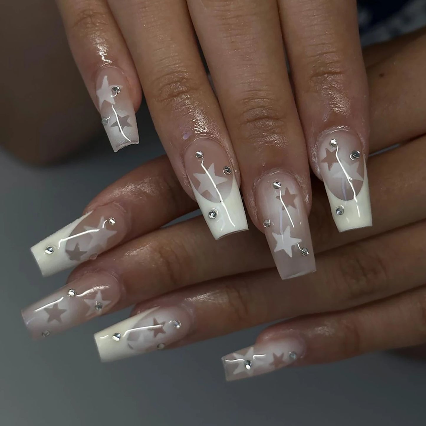 French False Nail for Women Coffin White Tips Artificial Nail with Star Pattern for Women and Girl Nail Salon at Home Portable