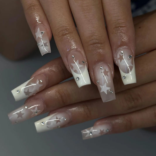 French False Nail for Women Coffin White Tips Artificial Nail with Star Pattern for Women and Girl Nail Salon at Home Portable