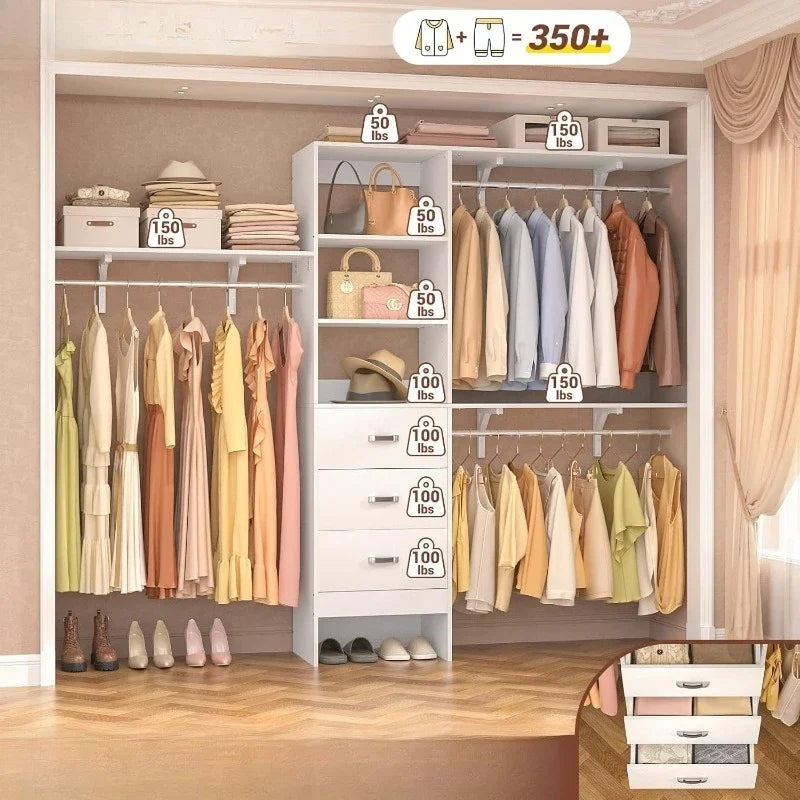For girls with 3 Shelving Towers, Heavy Duty Clothes Rack with 3 Drawers, Built-In Garment Rack96 Inches Closet System, 8FT Walk