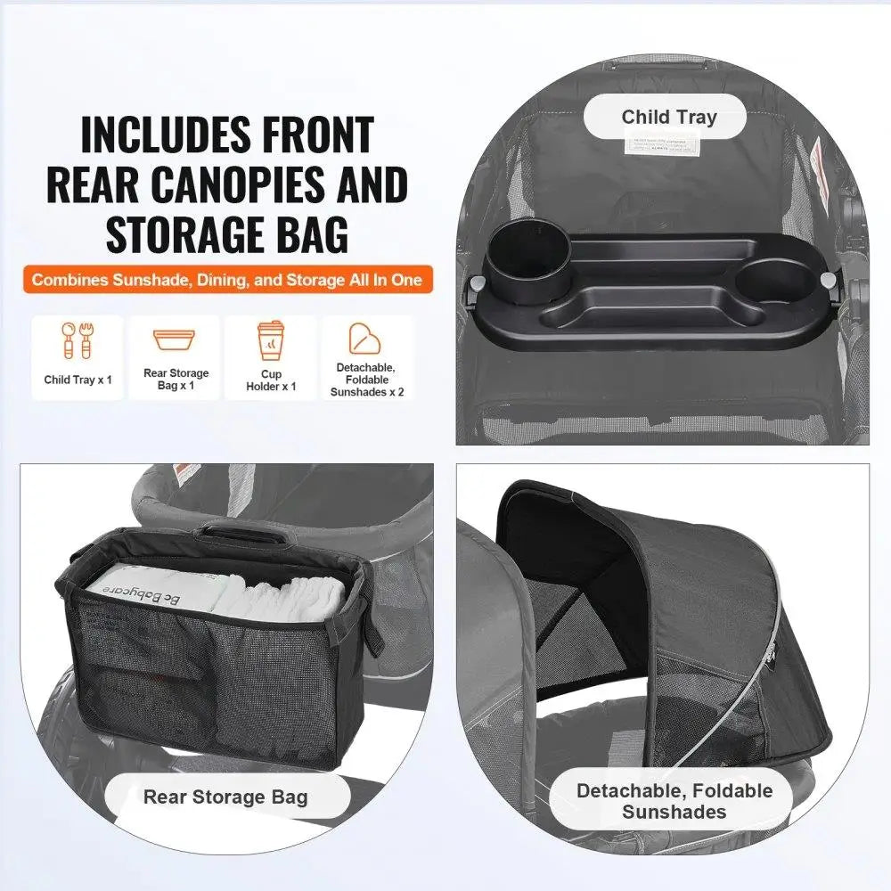 All-Terrain 2 Seat Foldable Expedition 2-in-1 Wagon Stroller with Canopy Parent Organizer Snack Tray Cup Holders 55lbs Black