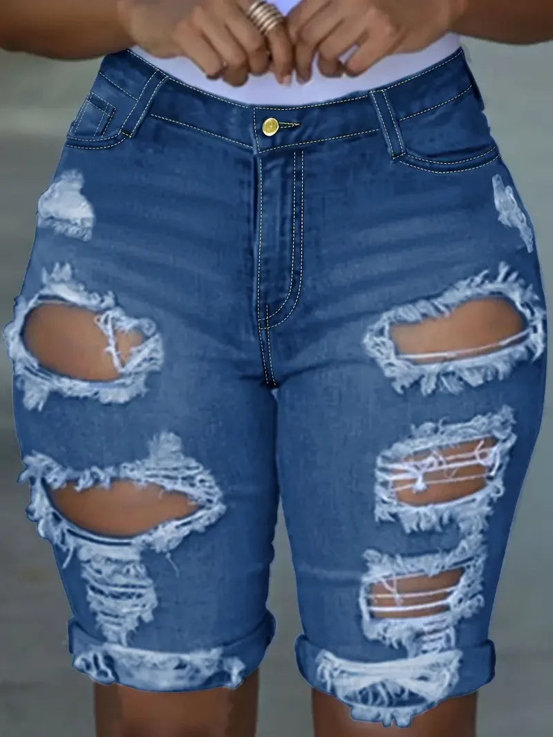 Women's Fashion Ripped Denim Capri Shorts, Pocket Button, Skinny Stretchy Denim Shorts, Women's Jeans