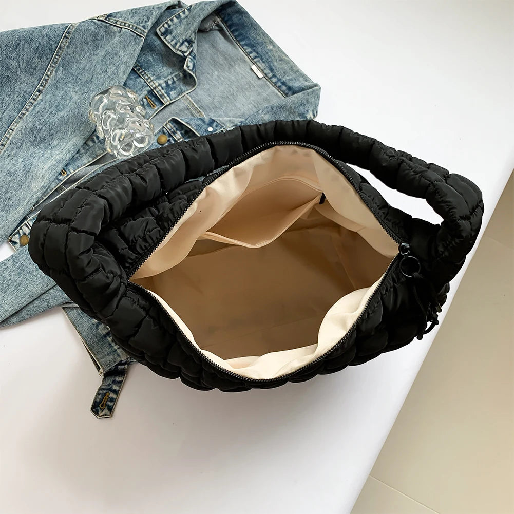 Women Puffer Shoulder Bag Padding Hobo Bag Large Capacity Puffy Shoulder Bag Solid Color Zip Closure for Outdoor Travel