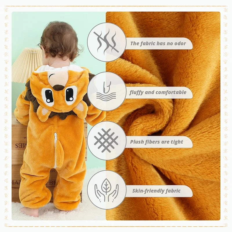 MICHLEY Halloween Dinosaur Baby Rompers Winter Flannel Toddler Infant Clothes Hooded Overall Bodysuits Jumpsuit Costume For Kids