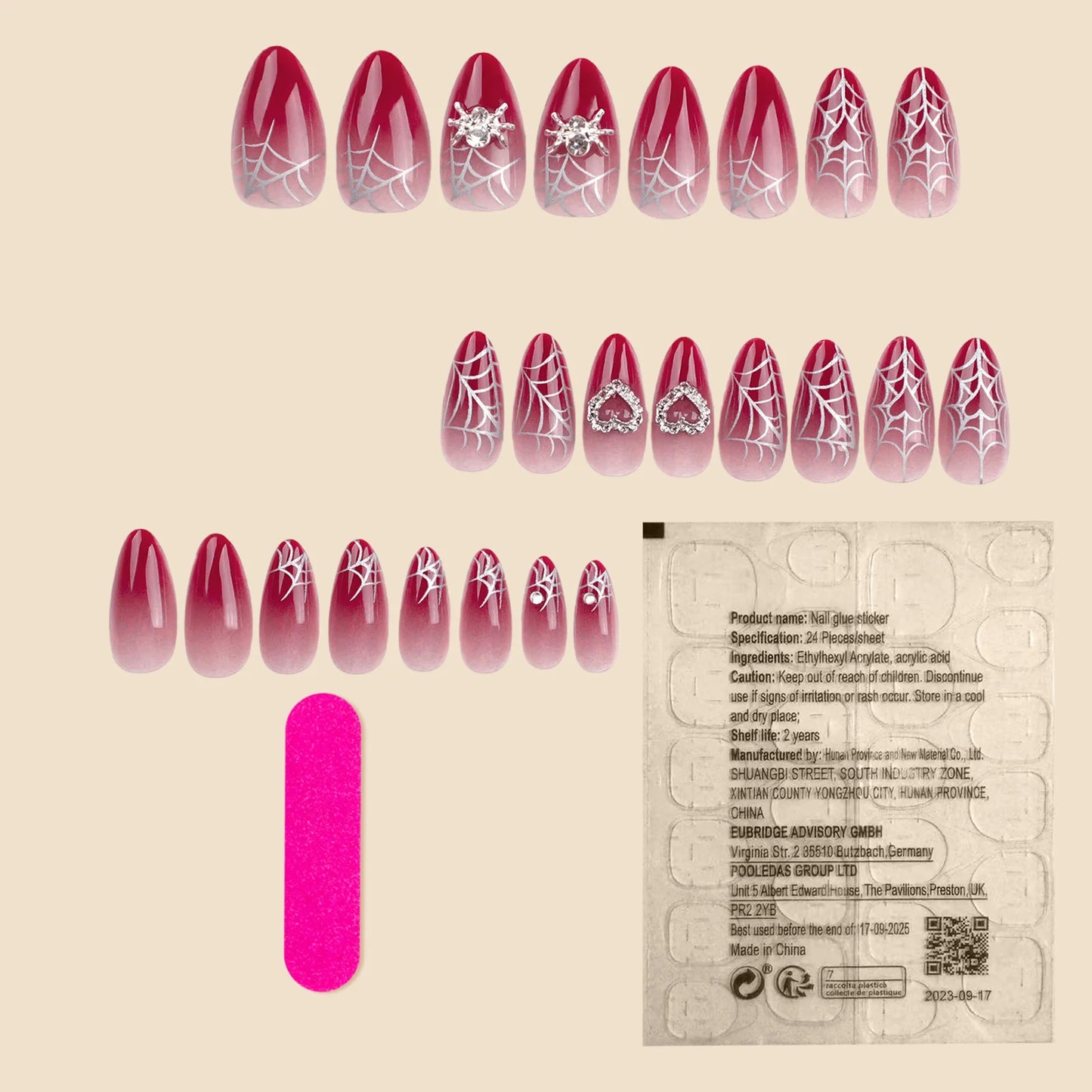 Almond Red Press-on Nail Silver Spiderweb Pattern Heart Decor Artificial Nail for Women and Girl Party Activity