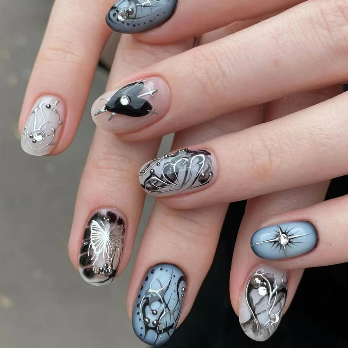 24Pcs False Nails Spicy Girl Silver Bow with Diamond Fake Nails with Glue Almond Press on Nails Black Cool Almond Nail Set