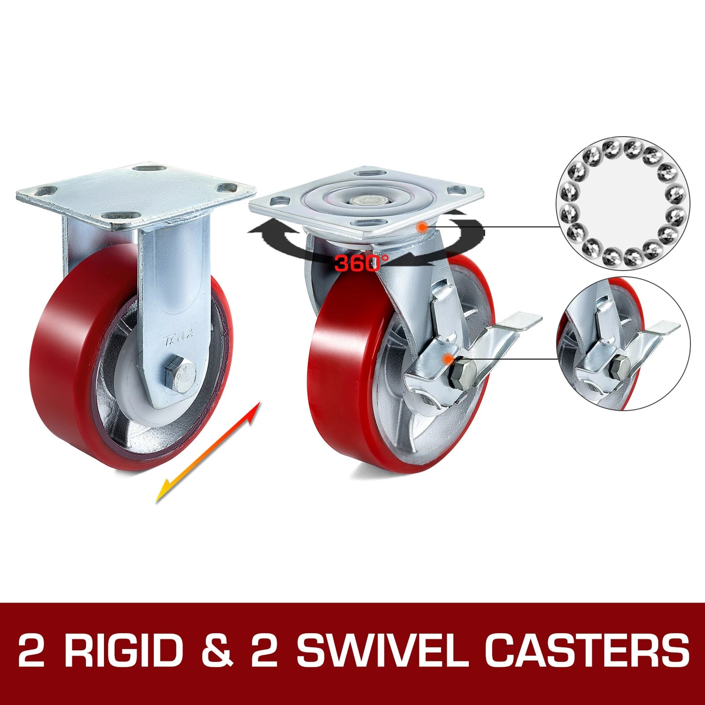 SucceBuy 4 Pack 6"x2" Heavy Duty Iron Core Polyurethane 2 Rigid and 2 Swivel Casters  With Side Brake 1000LBS Capacity Per Wheel