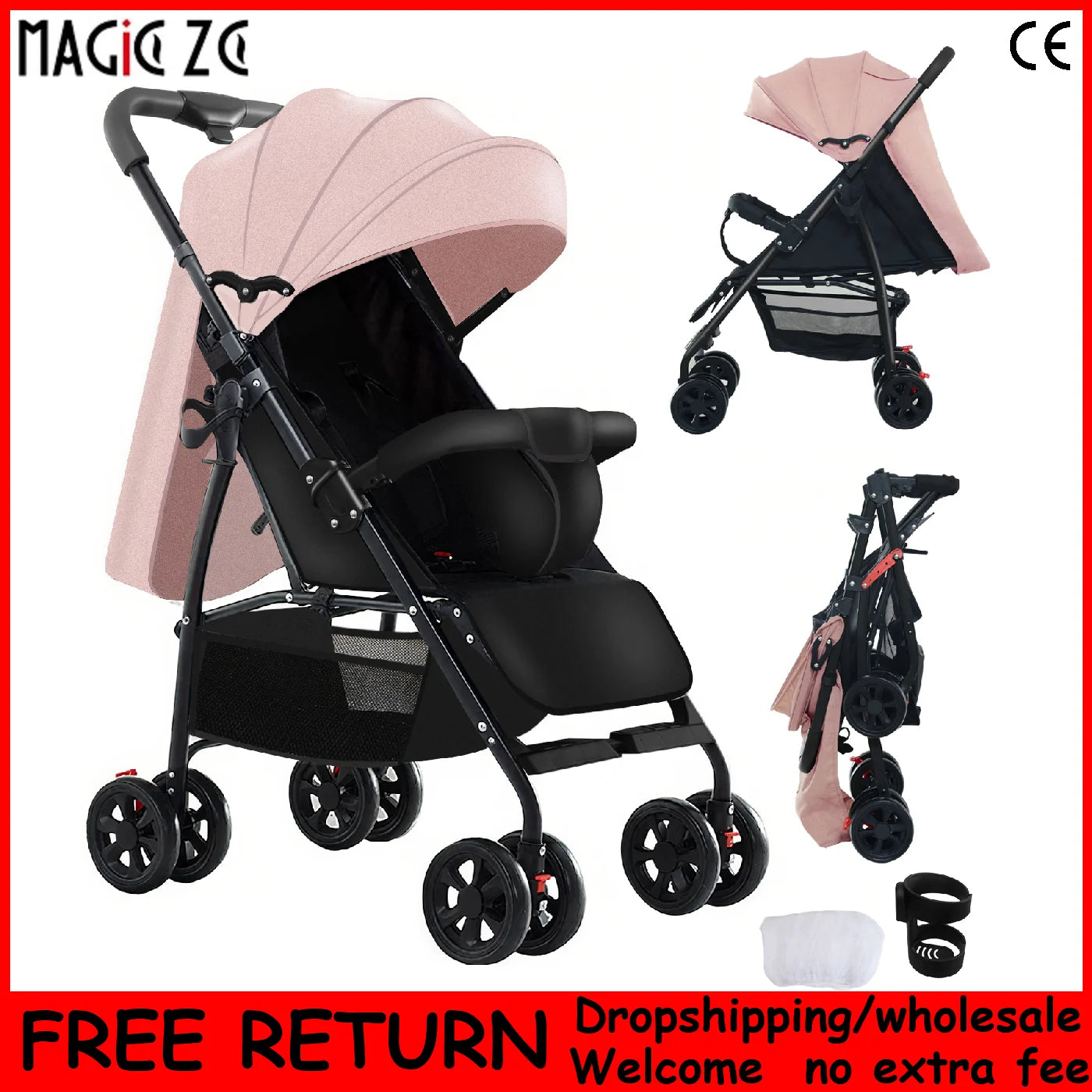 Lightweight Baby Stroller 4.6KG One-Hand Fold & Carry Recline 175° to Sit 5-Point Safety Harness Universal Wheels for Newborn+