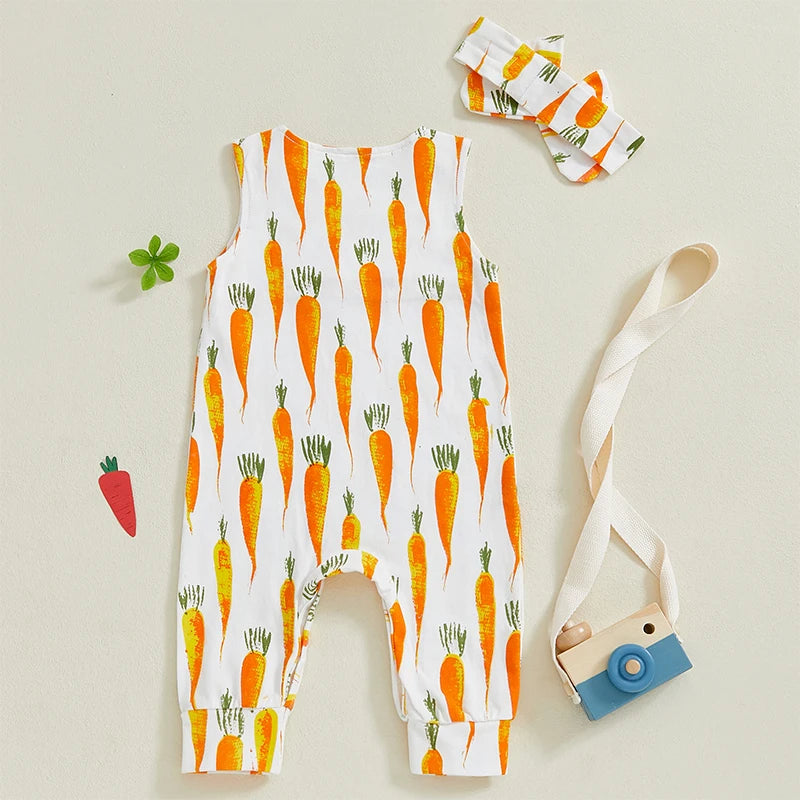 Toddler Girl 2-Piece Easter Dress Set with Bunny Print Sleeveless Jumpsuit and Matching Headband - Adorable Newborn Outfit for