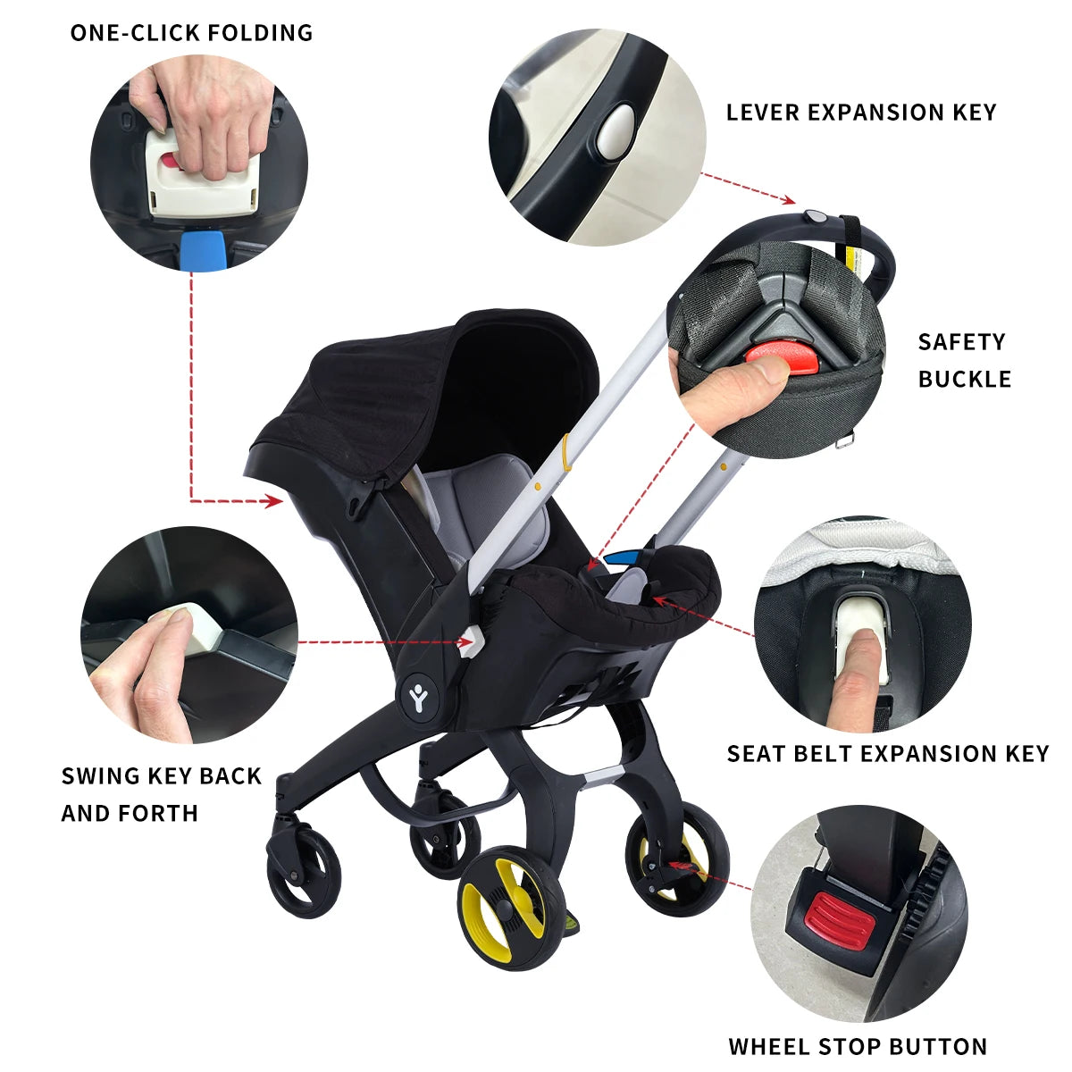 Baby stroller, Portable and foldable, metal frame, adjustable sunshade roof, two-way station wagon