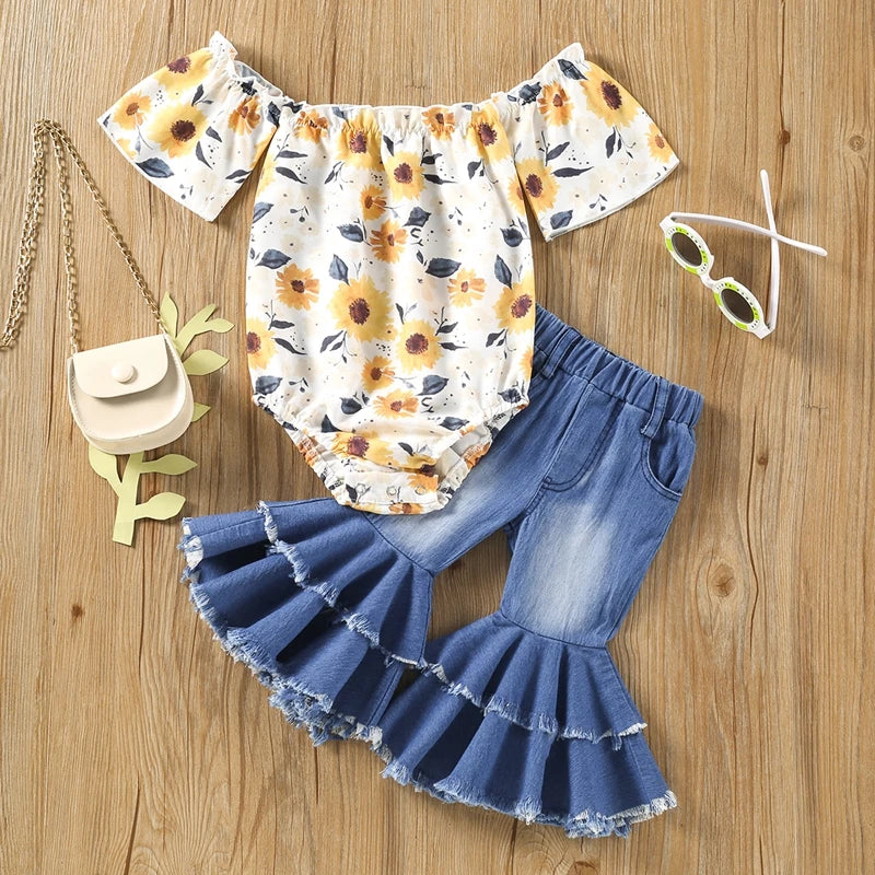Toddler Girls 2-Piece Set Ruffle Sleeve Boat Neck Top with Floral Print Flare Pants Outfit for Baby Girls