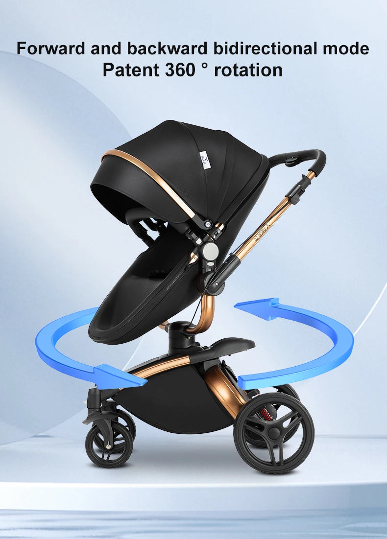 PU Leather Baby Stroller Luxury Lightweight Pushchair High Landscape 360-Degree Rotating Aluminum Frame Baby Carriage Car Seat
