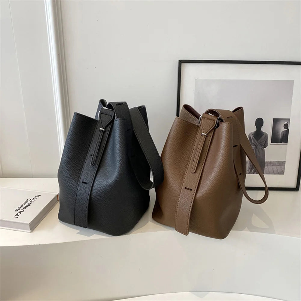 Women Fashion Shoulder Bag Large Capacity Bucket Grocery Bag Adjustable Strap Solid Color Simple Bag with Matching Clutch Set