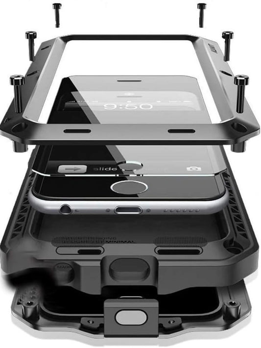 For iPhone 15 14 13 12 11 Pro Max XS XR 8 7 Plus Aluminum Metal Tank Case Heavy Duty Shockproof Rugged Armor Cover Screen Film