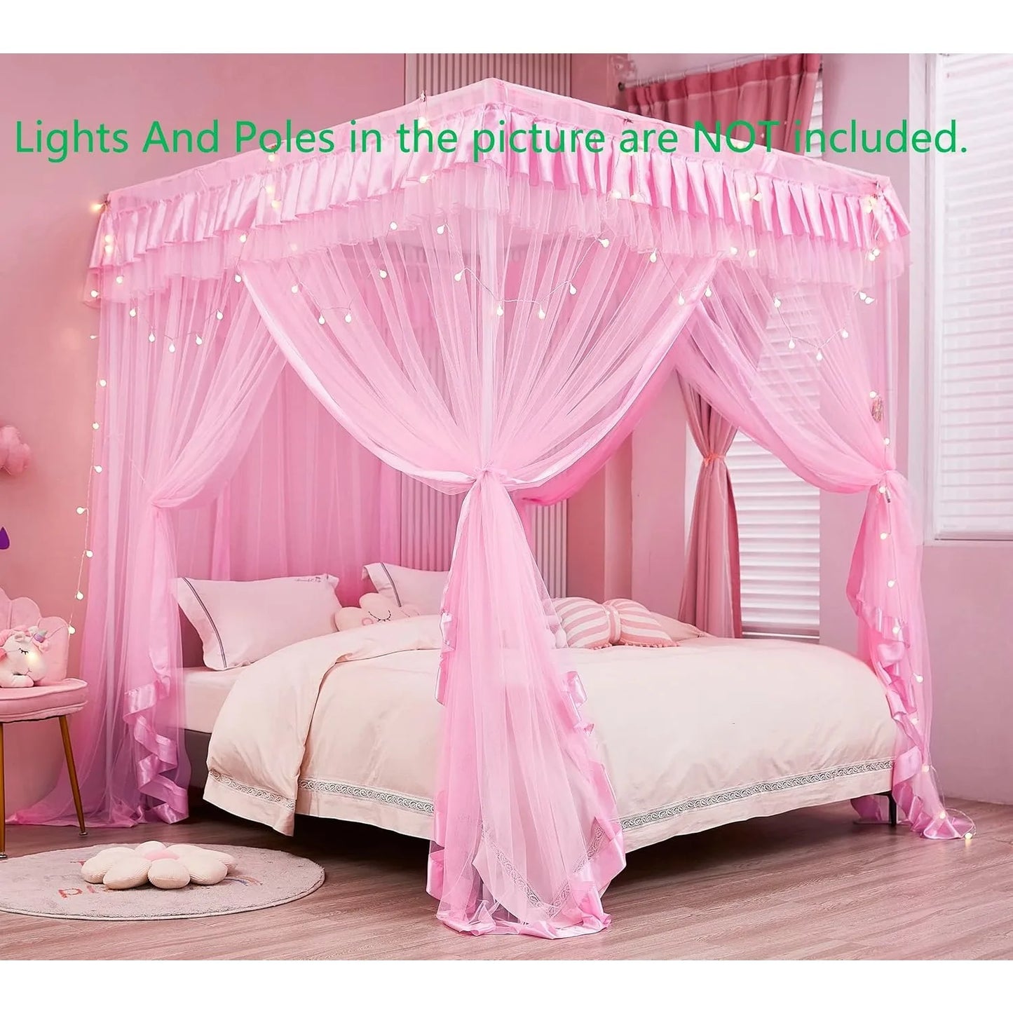 4-point canopy bed curtains, suitable for girls in full size - curtain bed frame, cute princess bedroom decoration (pink)