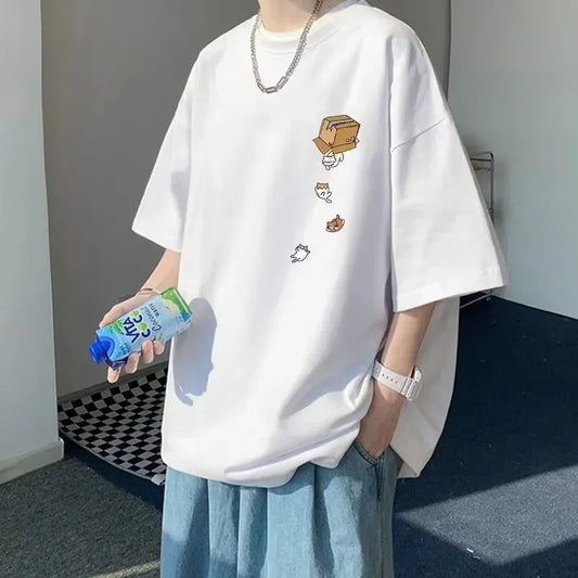 Men Oversized Korean Fashion Loose American Vintage Carton Kitten Print Short Sleeve Versatile Trend Couple Outfit