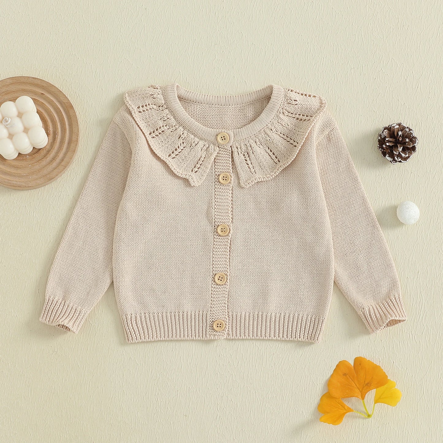 Infant Girls Knitted Sweater with Ruffled Crew Neck Long Sleeves and Button Closure - Solid Color Cardigan