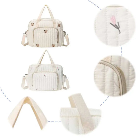 Bear/Flower Quilted Mommy Bag Multifunctional Utility Tote Bag Cotton Crossbody Maternity Bag Adjustable Strap Diaper Handbag