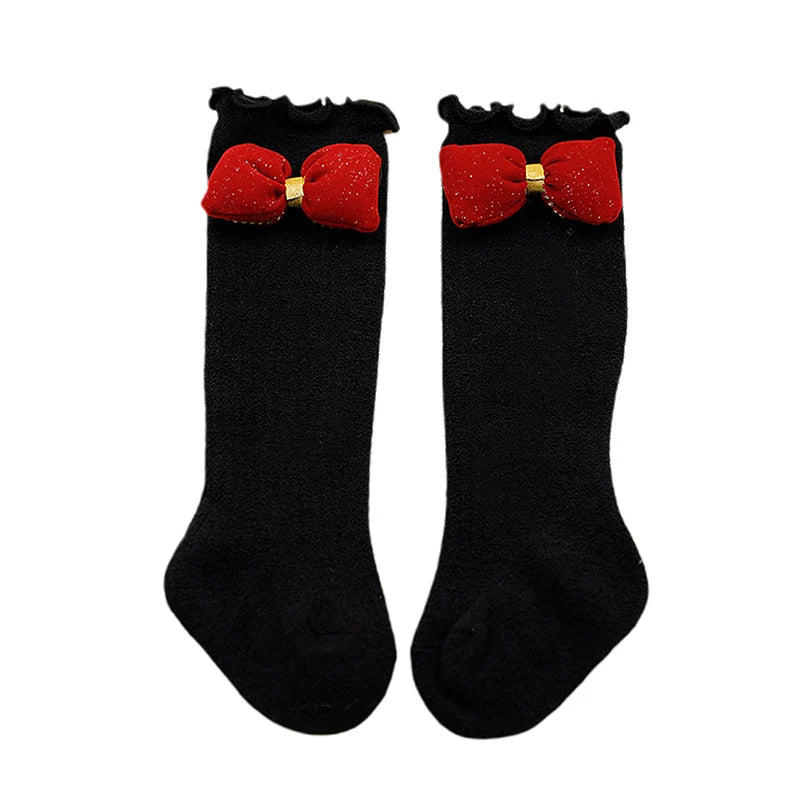 Adorable Baby Girl Knee High Socks with Lotus Edge Design and Bow Detail Soft Elastic Material for Cozy Warmth and Style