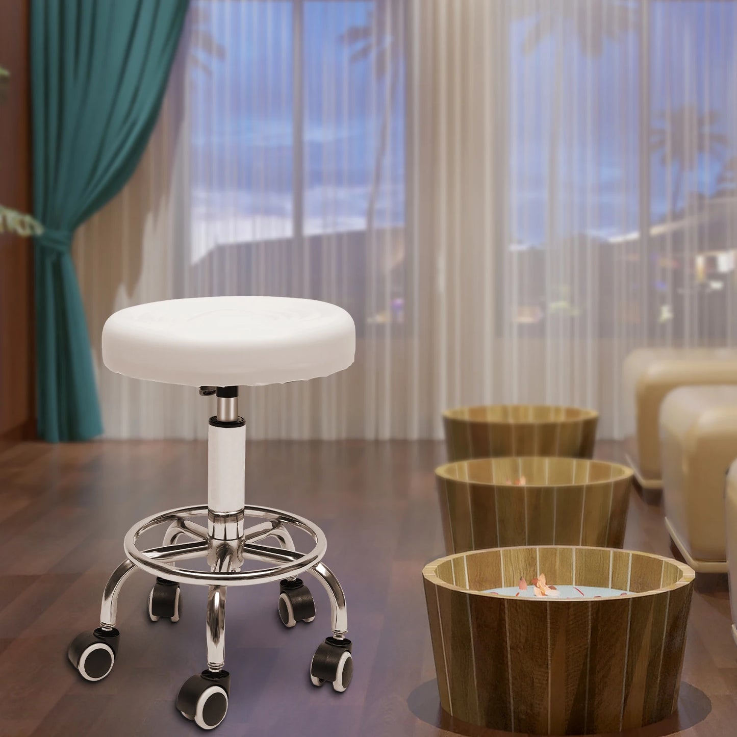 Round Rolling Stool Height Adjustable with Wheels and Foot Rest for Spa Salon Massage White/Black Chair