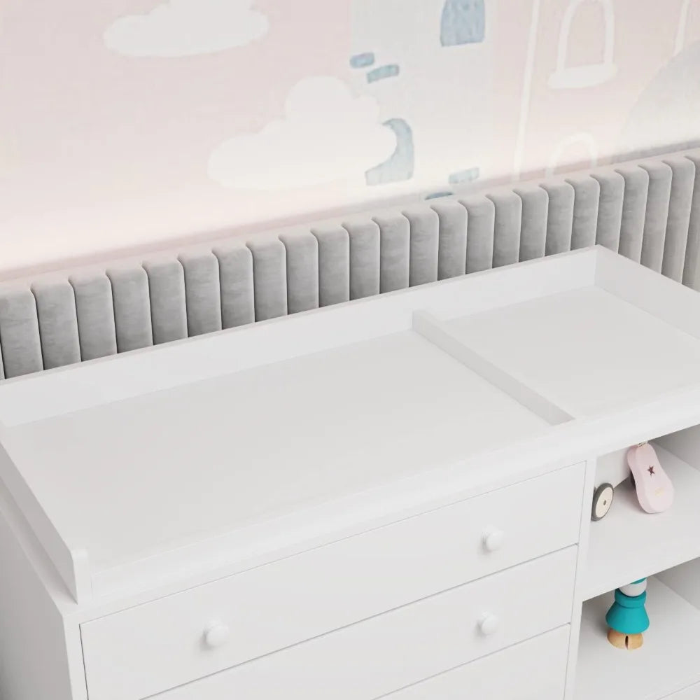 Baby Nursery Dresser, White Bedroom Dresser with 5 Drawers & Storage Shelves, Wood Chest of Drawers Nursery Storage Kids