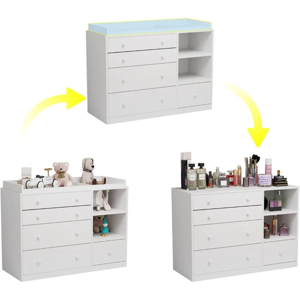 Baby Nursery Dresser, White Bedroom Dresser with 5 Drawers & Storage Shelves, Wood Chest of Drawers Nursery Storage Kids