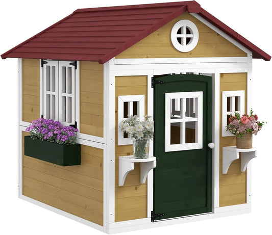 Outdoor Kids Playhouse, Wooden Playhouse with Doors, Windows, Planter Pots and Boxes for Toddlers 3-8 Years