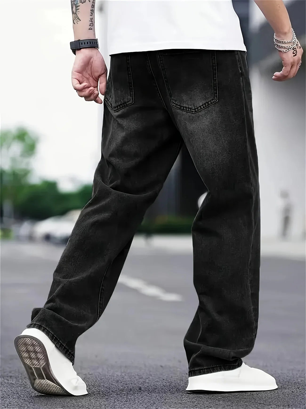 Men's Classic Cotton Blend Jeans - Relaxed Fit, Straight Leg, Solid Color Denim, Comfortable Street Style Pants for All Seasons,
