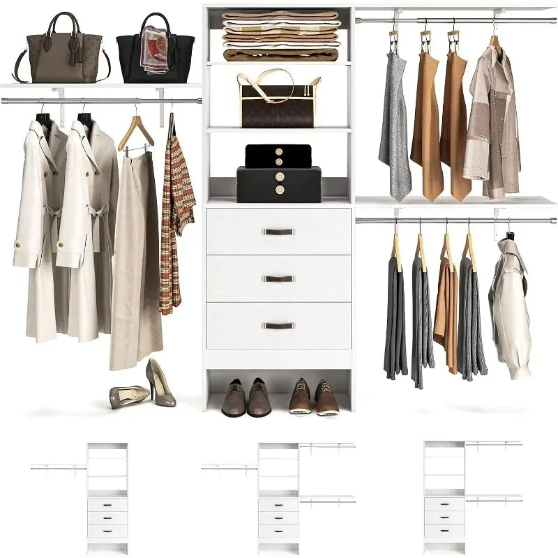 For girls with 3 Shelving Towers, Heavy Duty Clothes Rack with 3 Drawers, Built-In Garment Rack96 Inches Closet System, 8FT Walk