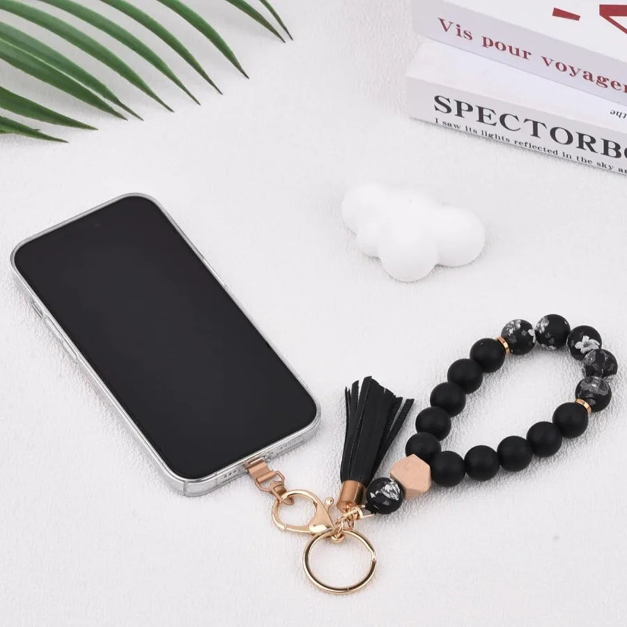 BAOSIWA Silicone Key Ring Bracelet Wristlet Keychain Unique Beaded Bangle Key Chains for Women with Leather Tassel