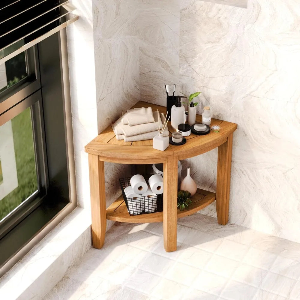 Upgraded version Teak Shower Bench, Bathroom Shower Stool with Storage Shelf Waterproof Wood Bench, Shower Seat