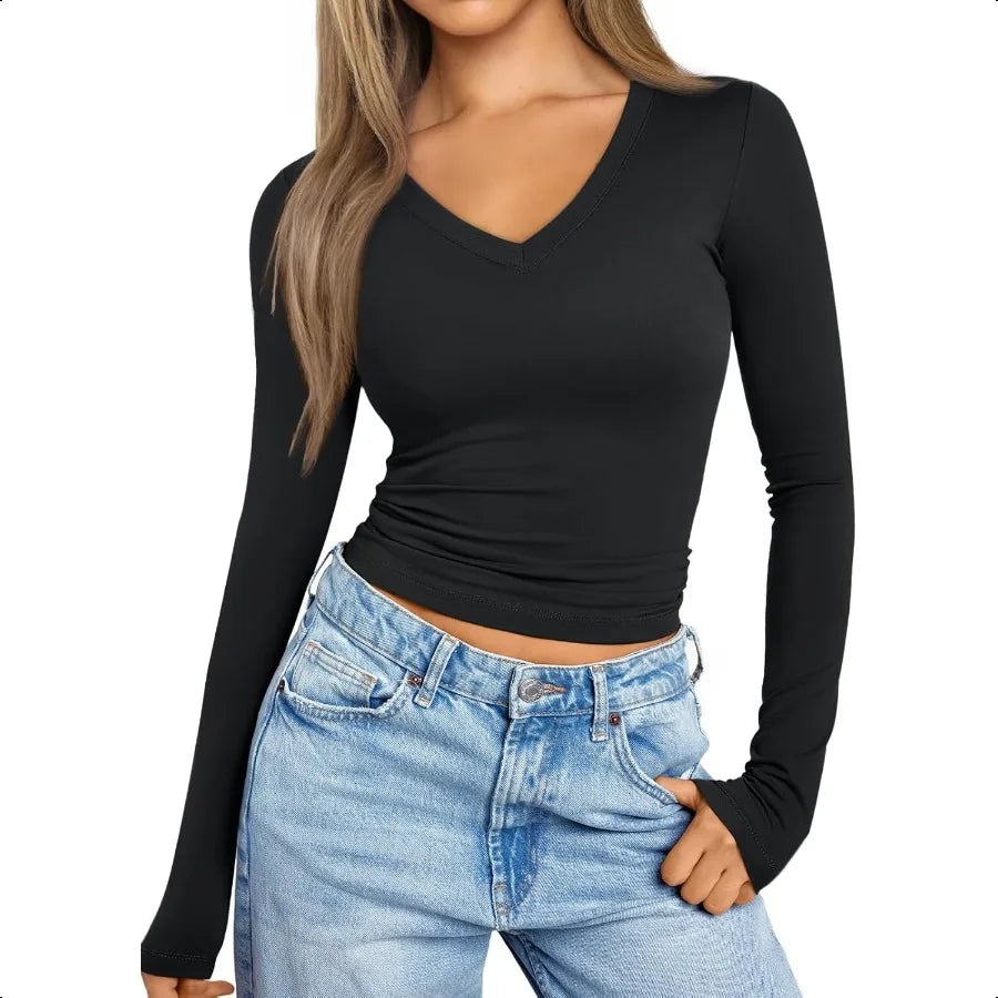 Trendy Queen Long Sleeve Shirts for Women 2025 Fall Fashion V Neck Basics Crop Tops Slim Fitted Y2K Tops Outfits Clothes
