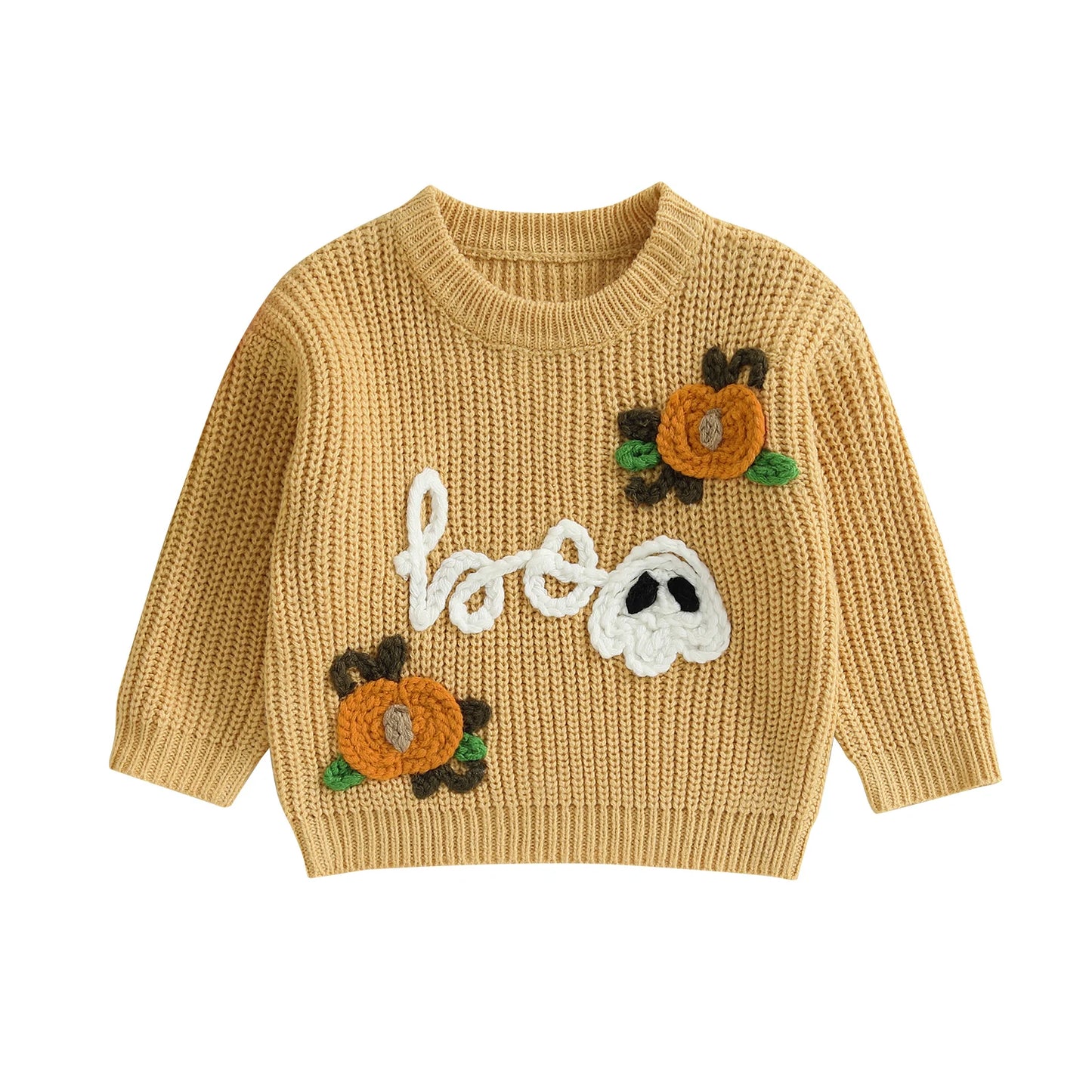 Kids Halloween Sweater with Spooky Pumpkin Embroidery and Cozy Crew Neck - Long Sleeve Knitwear Pullover for Boys and Girls