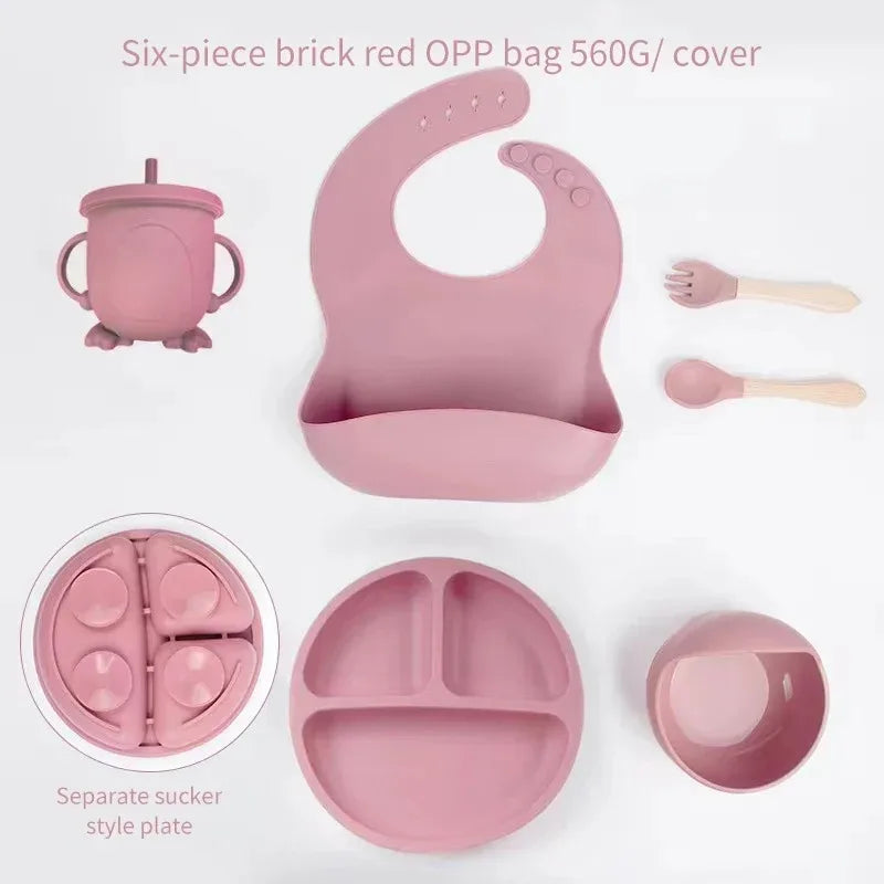 6Pcs Baby Silicone Feeding Set Self Feeding Bowl＆Divided Plate＆Adjustable Bib＆Soft Spoon&Fork, for Babies and Toddlers