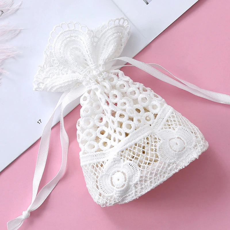 White Lace Drawstring Favor Bags for Wedding Party Favors Bridal Shower Baby Shower and Special Events - Pack of 50