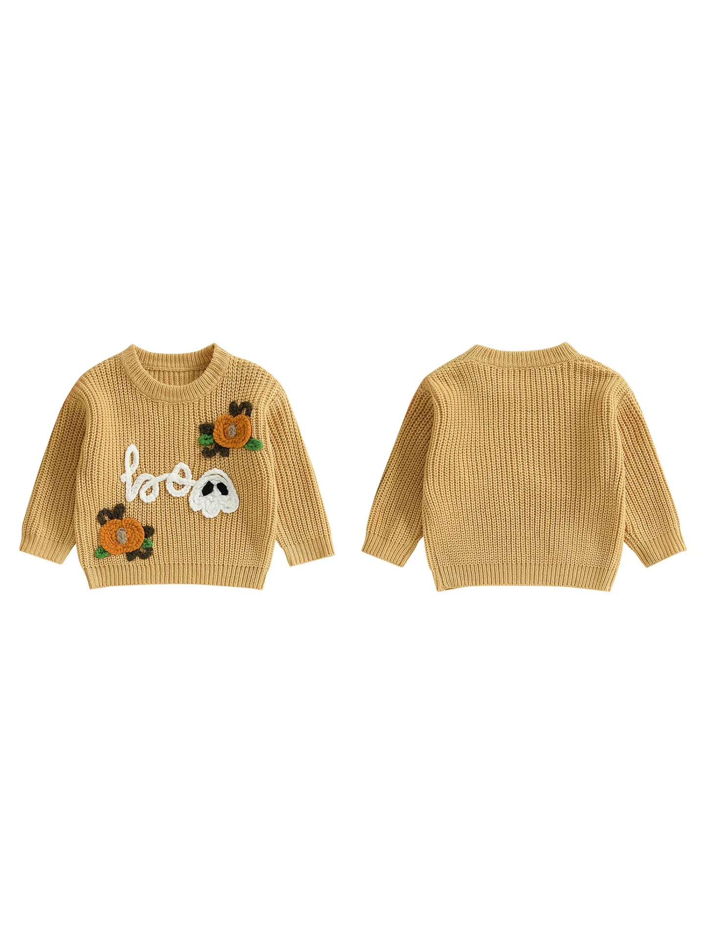 Kids Halloween Sweater with Spooky Pumpkin Embroidery and Cozy Crew Neck - Long Sleeve Knitwear Pullover for Boys and Girls