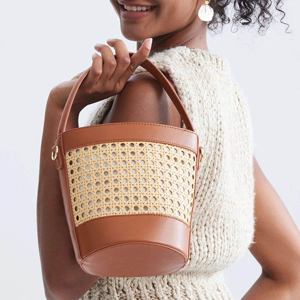 Rattan Bag PU Leather Bucket Bag Summer Hollow Shoulder Bag Holiday Travel Handbag for Women