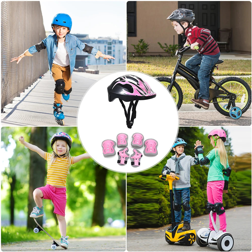 7Pcs Kids Helmet Knee Elbow Pad Sets Protective Gear Set Wrist Pad Kid Bicycle Cycling Safety Helmet Set Sport Protective Supply