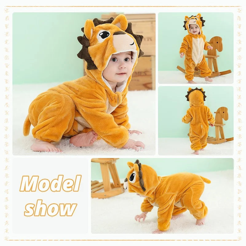 MICHLEY Halloween Dinosaur Baby Rompers Winter Flannel Toddler Infant Clothes Hooded Overall Bodysuits Jumpsuit Costume For Kids