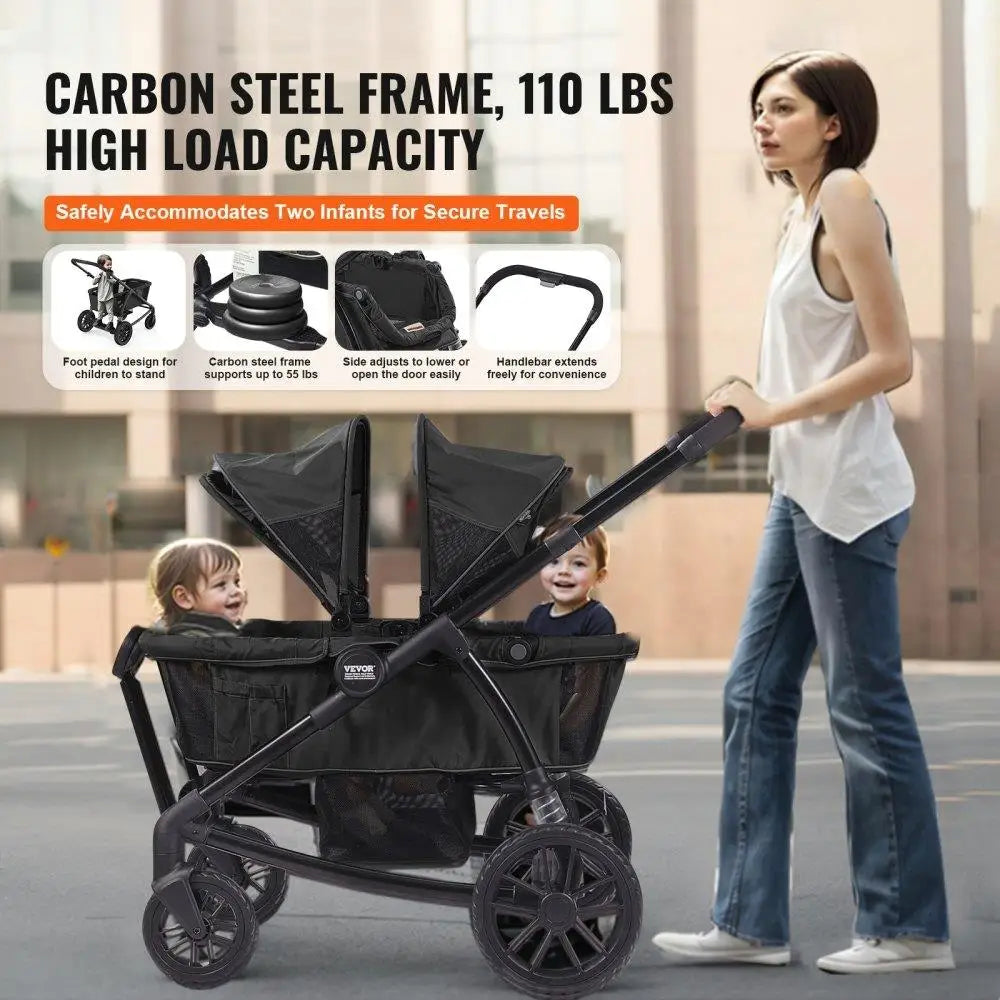 All-Terrain 2 Seat Foldable Expedition 2-in-1 Wagon Stroller with Canopy Parent Organizer Snack Tray Cup Holders 55lbs Black