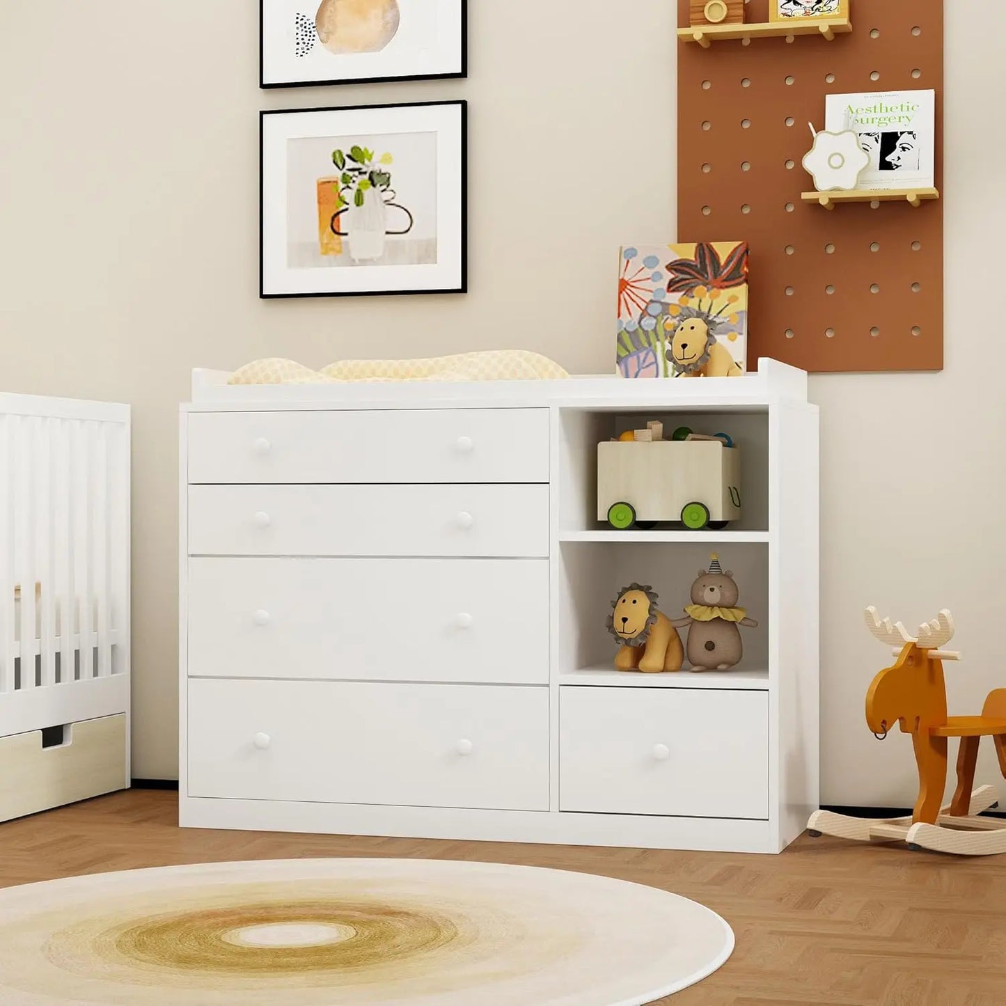 Changing Table Dresser, Baby Classic Nursery Dresser with 5 Drawers and 2 Shelves, Multi-Functional Baby Changing Table