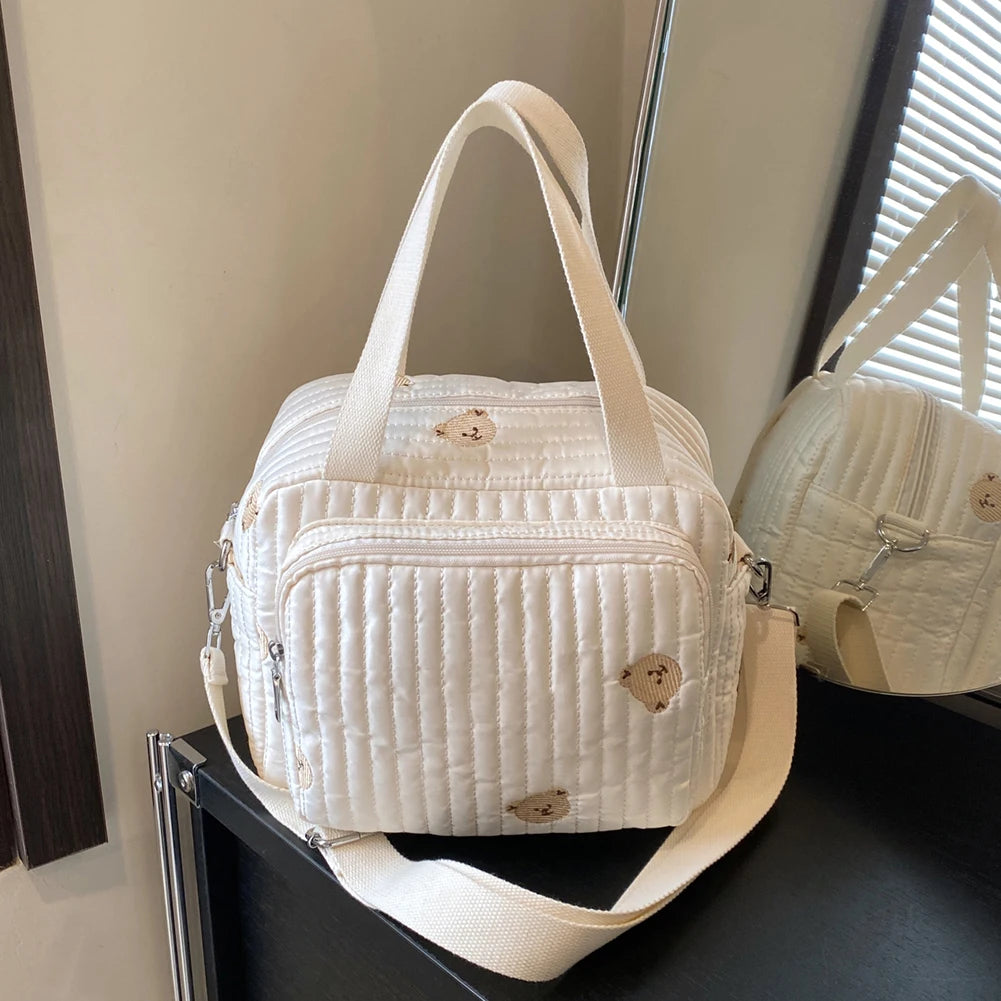 Bear/Flower Quilted Utility Tote Bag Multifunctional Travel Diaper Tote Adjustable Strap Crossbody Maternity Bag Luggage Bag