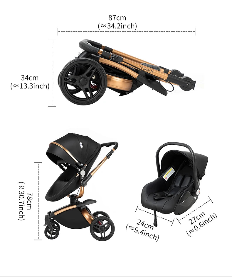 PU Leather Baby Stroller Luxury Lightweight Pushchair High Landscape 360-Degree Rotating Aluminum Frame Baby Carriage Car Seat