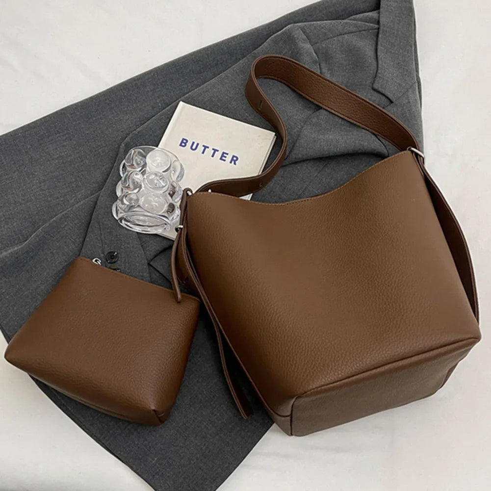 Women Fashion Shoulder Bag Large Capacity Bucket Grocery Bag Adjustable Strap Solid Color Simple Bag with Matching Clutch Set