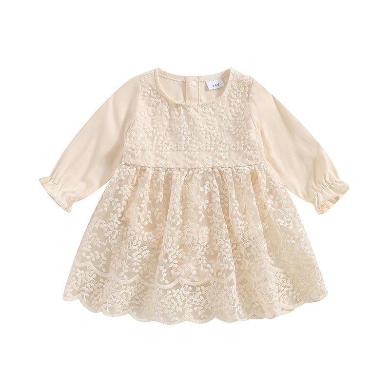 Toddler Girl Floral Print Long Sleeve Round Neck Ruffle Hem Dress High Waist Patchwork Lace Party Romper Dress with Bow