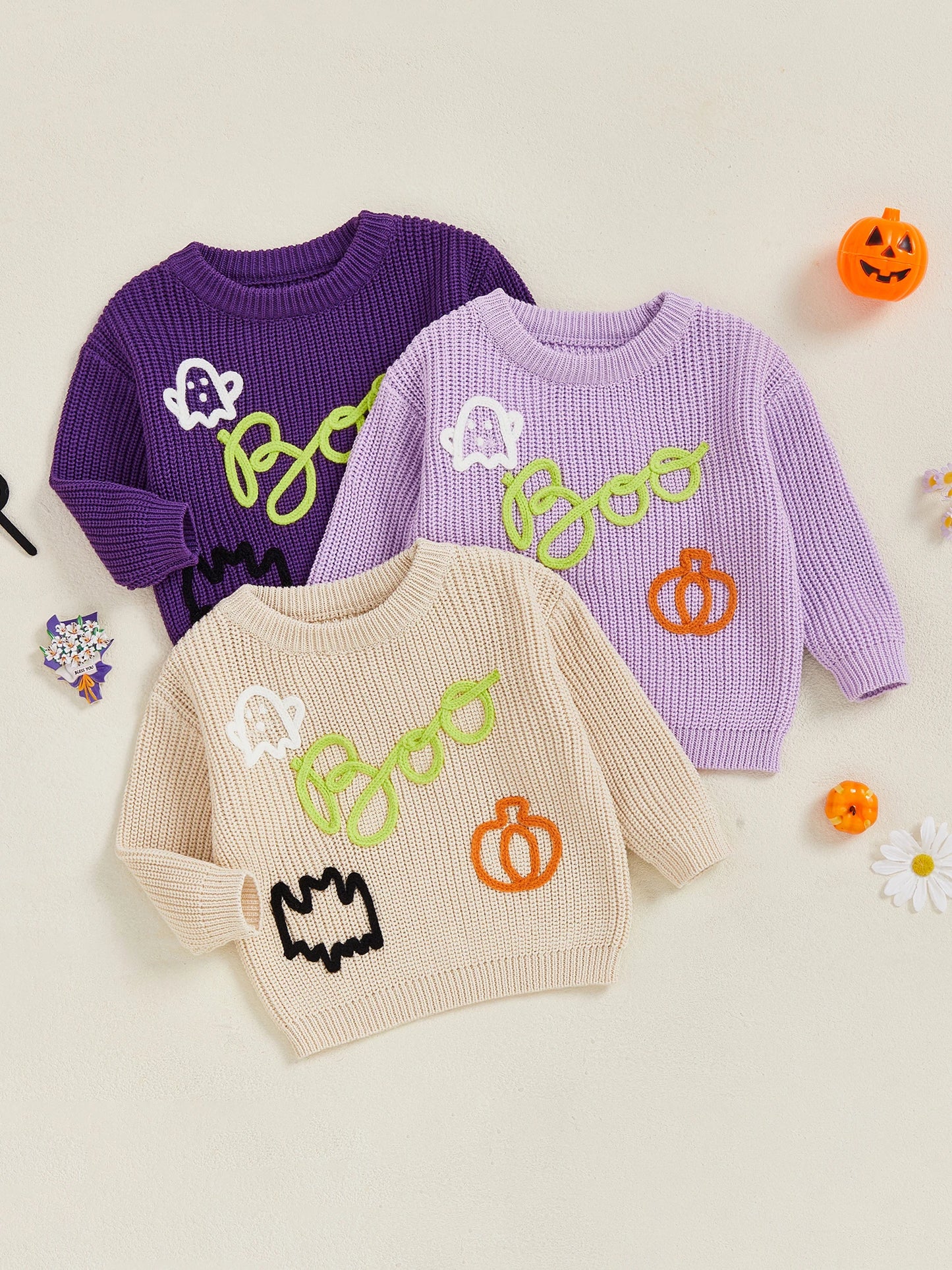 Women s Halloween Knit Sweater with Long Sleeves and O Neckline Featuring Spooky Ghost and Pumpkin Embroidery Detail on