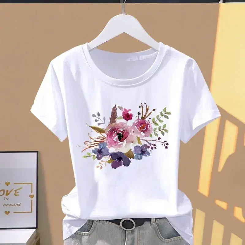 90s Women Print Floral Sports Fashion Casual Explosive Short Sleeve T-shirt Graphic Tshirts  Women Clothes  T Shirt