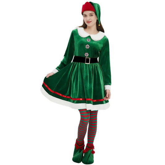 Women s Christmas Elf Costume Set with Dress Belt Hat Shoe Covers and Socks - Perfect for Cosplay and Role-Playing Parties