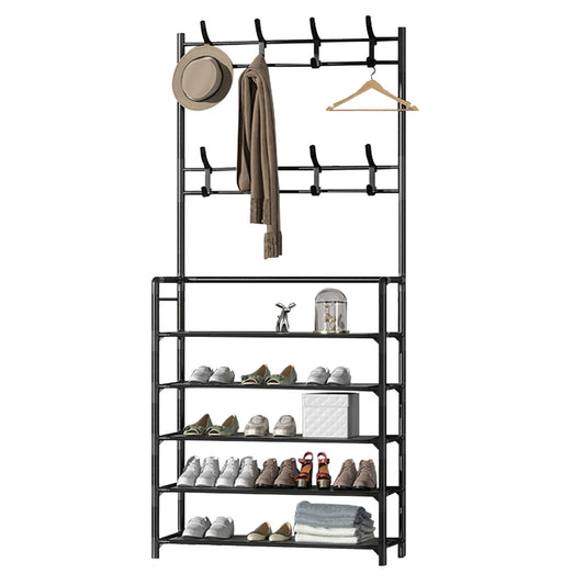 Coat Rack Stand Space Saving Freestanding Entryway Clothes Hanging Organizer Metal 2 In 1 Multifunction with Hooks for Office