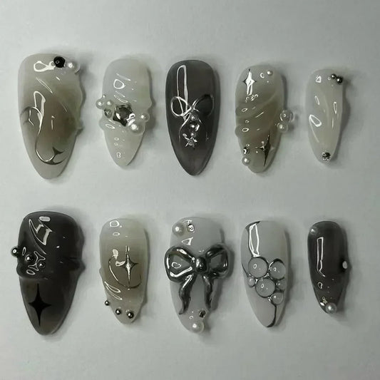 24Pcs False Nails Spicy Girl Silver Bow with Diamond Fake Nails with Glue Almond Press on Nails Black Cool Almond Nail Set