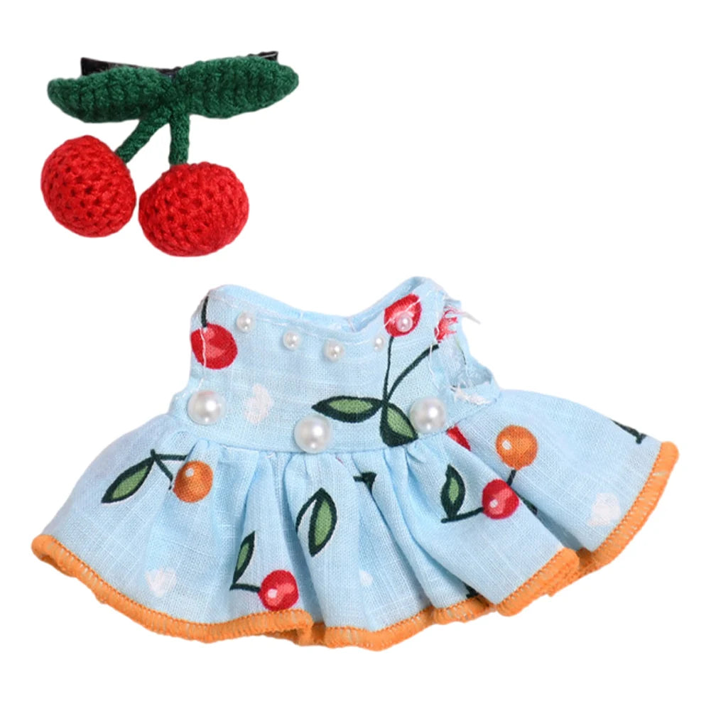 Mini Doll Outfit Cute Plush Sweater Reusable Cotton Elk Coat Cherry Pleated Skirt Hairpin Set for Baby Kid DIY Creative Toy